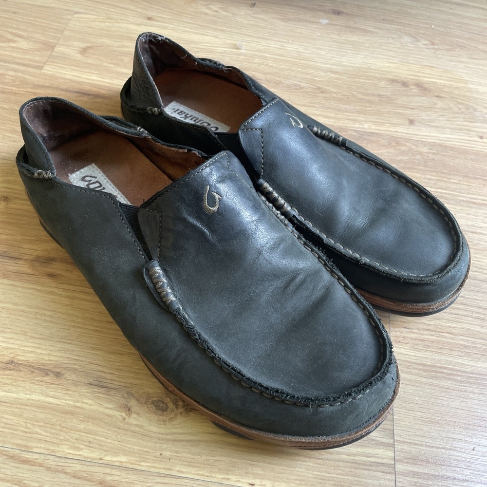 Olukai Moloa Men's Size 9.5 M Black Leather Slip Loafer Casual‎ Slipper Moc Toe